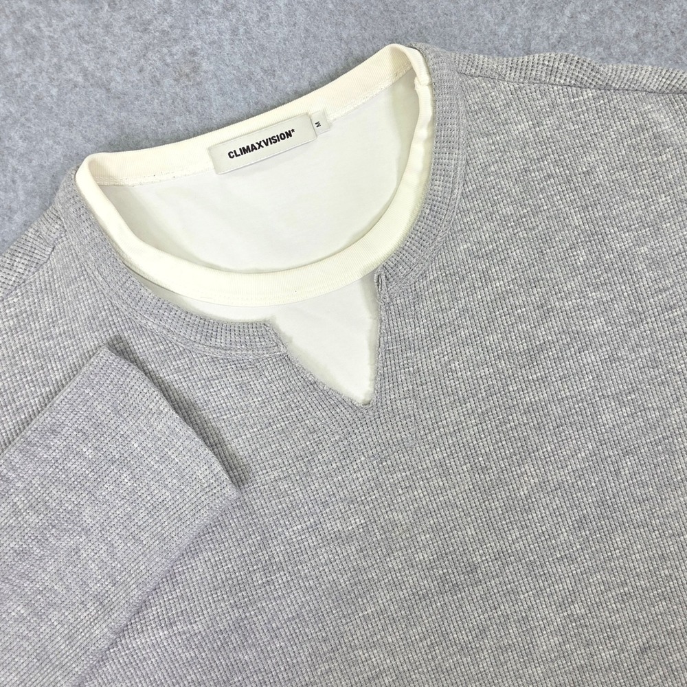 CLIMAXVISION Mens Grey Waffle Knit Layered Split Neck Long Sleeve Shirt Size M